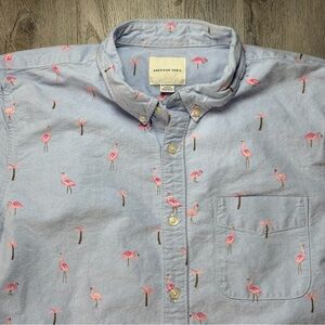 American Eagle Outfitters Shirt Mens XL Blue Flamingo Palm Tree Print Button Up